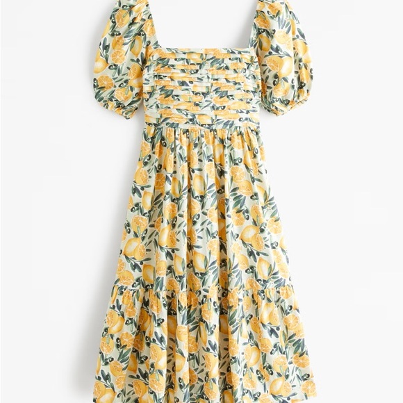 Abercrombie & Fitch Emerson Linen-Blend Puff Sleeve Midi Dress (Lemon Print) - Picture 2 of 6